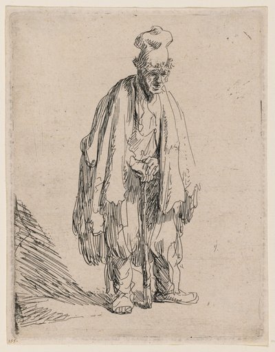 Beggar in a High Cap, Standing and Leaning on a Stick by Rembrandt van Rijn