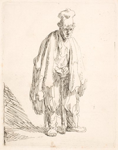 Beggar in a High Cap, Standing and Leaning on a Stick by Rembrandt van Rijn