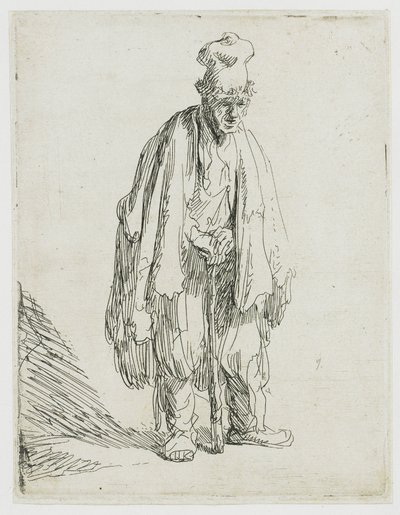 Beggar in a High Cap, Standing and Leaning on a Stick by Rembrandt van Rijn
