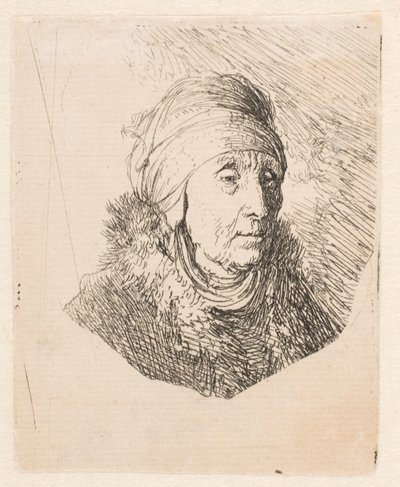 Bust of an Old Woman in a High Headdress Bound Round the Chin by Rembrandt van Rijn