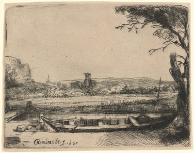 Canal with a Large Boat and Bridge by Rembrandt van Rijn