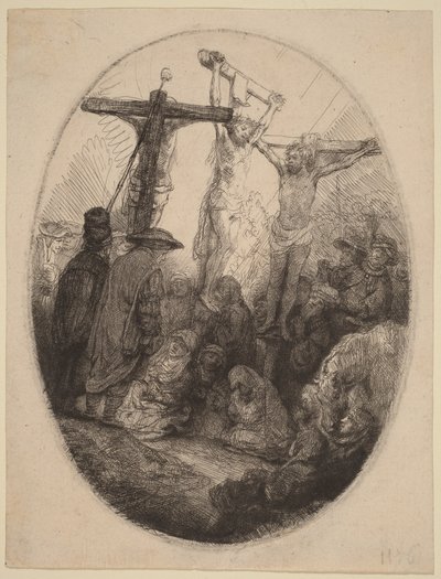 Christ Crucified between the Two Thieves: an Oval Plate by Rembrandt van Rijn