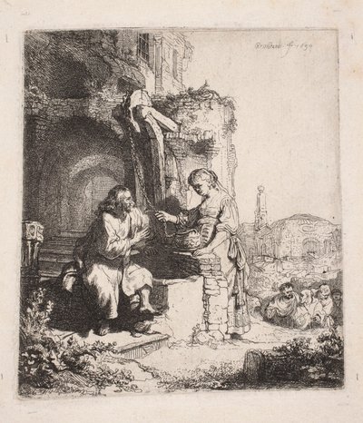 Christ and the Samaritan Woman among Ruins (vertical engraving) by Rembrandt van Rijn