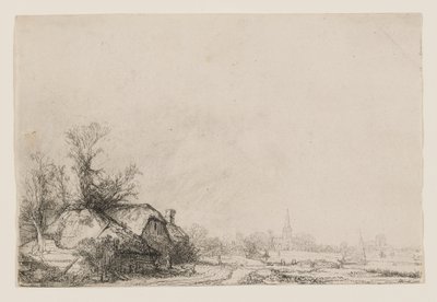 Cottages beside a Canal with a Church and Sailing Boat by Rembrandt van Rijn