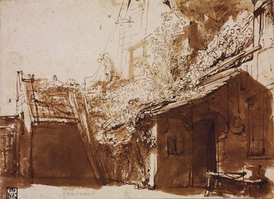 Farmhouse in Light and Shadow by Rembrandt van Rijn