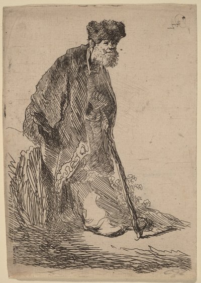 Man in a Coat and Fur Cap Leaning Against a Bank by Rembrandt van Rijn