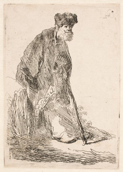 Man in a Cloak and Fur Cap Leaning Against a Bank by Rembrandt van Rijn