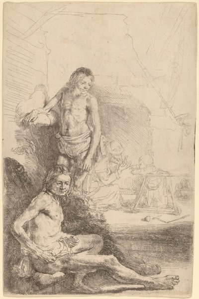 Nude Man Seated and Nude Man Standing, with a Woman and Baby in the Background by Rembrandt van Rijn
