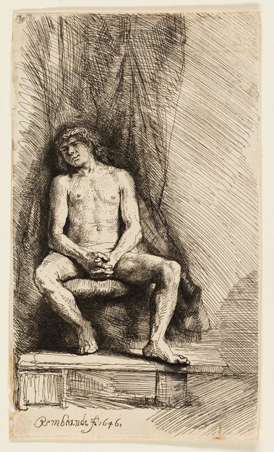 Nude Man Seated before a Curtain by Rembrandt van Rijn