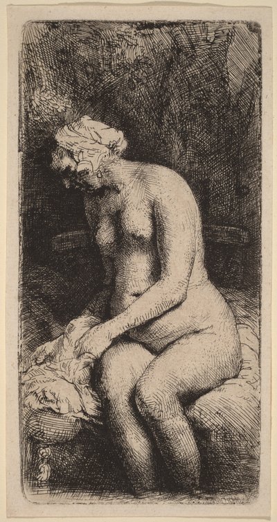 Nude Seated on a Bench with a Pillow by Rembrandt van Rijn