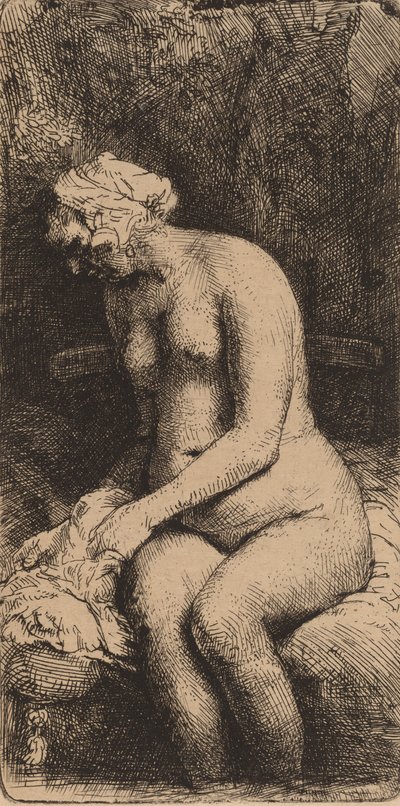 Nude Seated on a Bench with a Pillow Woman Bathing Her Feet at a Brook by Rembrandt van Rijn