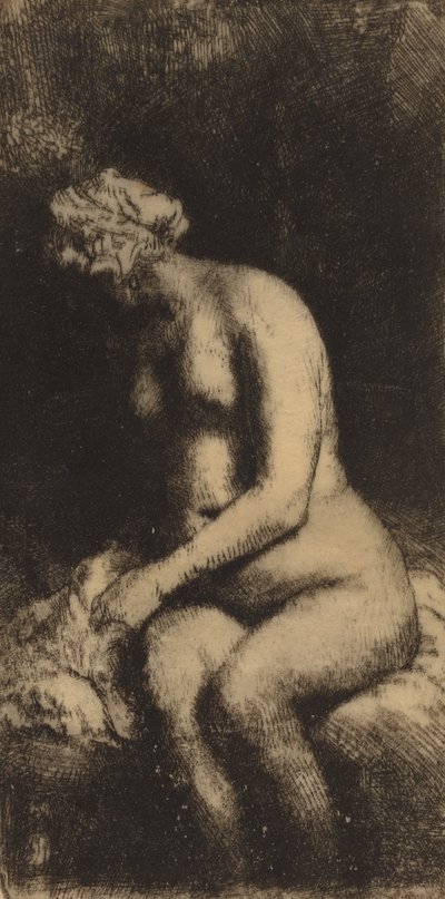 Nude Seated on a Bench with a Pillow Woman Bathing Her Feet at a Brook, 1658 by Rembrandt van Rijn