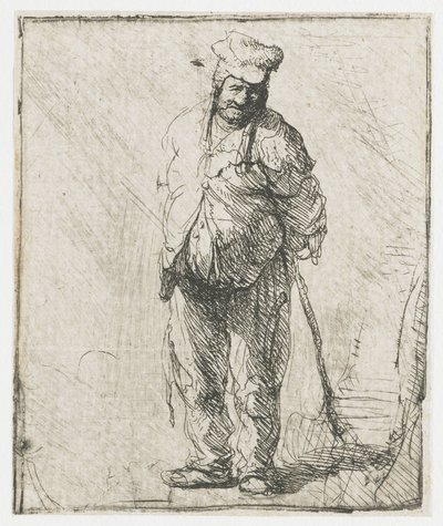 Ragged Peasant with His Hands Behind Him, Holding a Stick by Rembrandt van Rijn