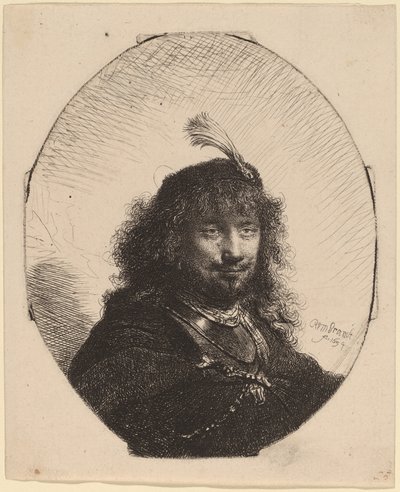 Self-Portrait with Plumed Cap and Lowered Sabre by Rembrandt van Rijn