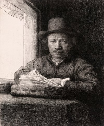 Self-Portrait Drawing at a Window by Rembrandt van Rijn by Rembrandt van Rijn