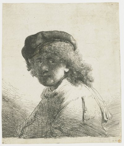 Self-portrait in a Cap and Scarf with the Face Dark: Bust by Rembrandt van Rijn