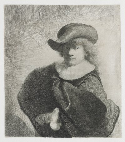 Self-Portrait in a Soft Hat and a Patterned Cloak by Rembrandt van Rijn
