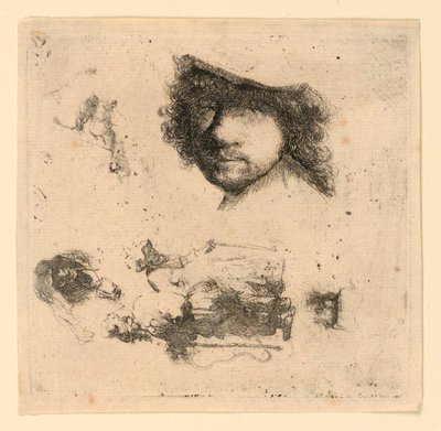 Sheet of Studies: Self-portrait, a Beggar Couple, Heads of an Old Man and Old Woman, etc. by Rembrandt van Rijn