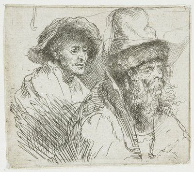 Sheet of Studies, with a Woman Lying Ill in Bed: Busts of Two Male Figures by Rembrandt van Rijn