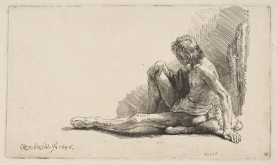 Study from the Nude: Man Seated on Ground, with One Leg Extended, 1646 by Rembrandt van Rijn