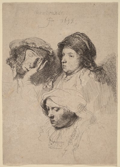 Three Heads of Women, One Asleep by Rembrandt van Rijn