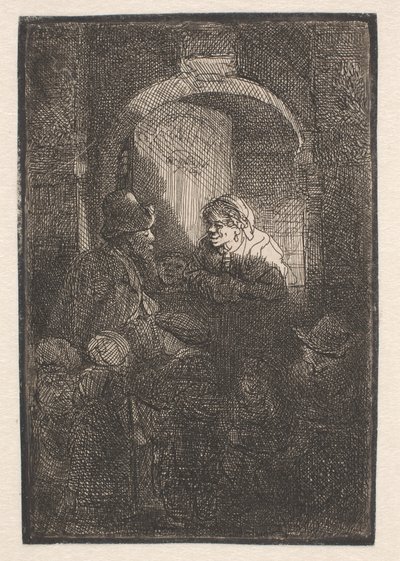 Woman at a Door-Hatch Talking to a Man and Children (The Schoolmaster) by Rembrandt van Rijn