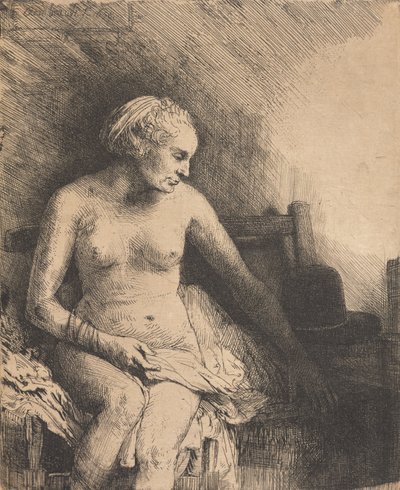 Woman at the Bath with a Hat Beside Her by Rembrandt van Rijn