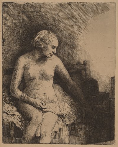 Woman at the Bath with a Hat Beside Her by Rembrandt van Rijn