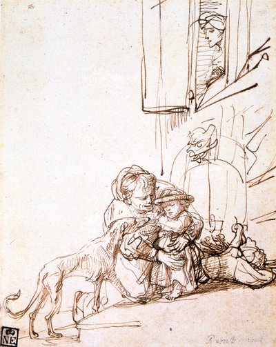 Woman with a Child Afraid of a Dog by Rembrandt van Rijn