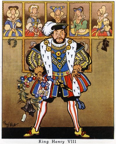 King Henry VIII Decorating the Portraits of His Wives with Holly, Mistletoe and a Wreath for Christmas, 1936 by René Bull