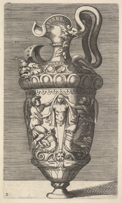 Vase with Two Winged Figures Draping a Term by Rene Boyvin