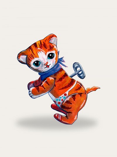 Cute Wind-Up Kitten by Renee Machan Cottagecore Artist