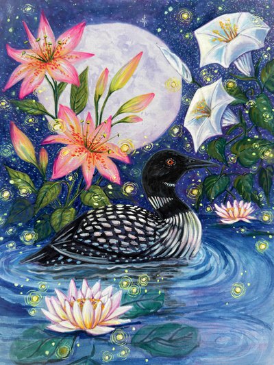 Moonlit Loon and Lilies by Renee Machan Cottagecore Artist