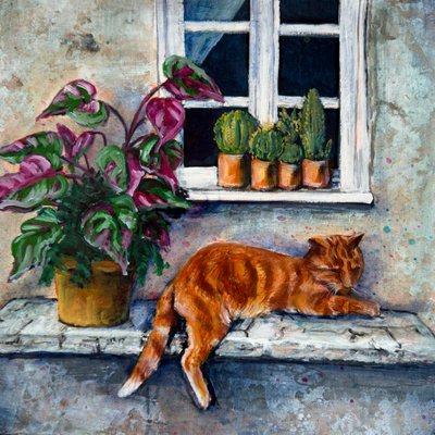 Orange Cat Window Nap by Renee Machan Cottagecore Artist