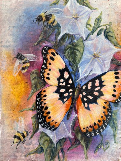 Vibrant Butterfly and Bees by Renee Machan Cottagecore Artist