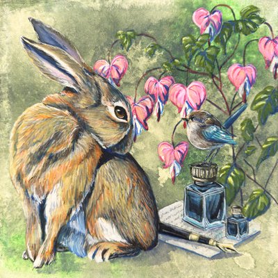 Whimsical Rabbit and Bird by Renee Machan Cottagecore Artist