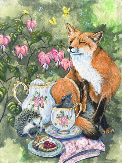 Afternoon Tea Fox Hedgehog and Mouse With Bleeding Heart Flowers by Renee Machan Cottagecore Artist