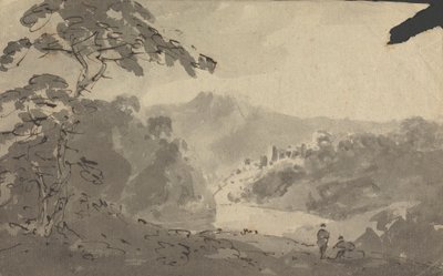 Two Men Looking Into Landscape with Castle, River and Mountain Scene by Rev. William Gilpin