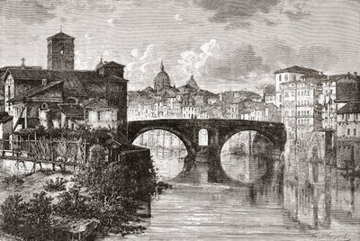 The Pons Fabricius, or Ponte dei Quattro Capi, and Tiber Island, Rome, Italy in the late 19th century. From Italian Pictures by Rev. Samuel Manning, published c.1890. by Reverend Samuel Manning