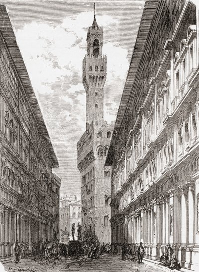 The Uffizi, the Palazzo Vecchio and statuary in Piazza della Signoria, Florence, Italy in the late 19th century by Reverend Samuel Manning