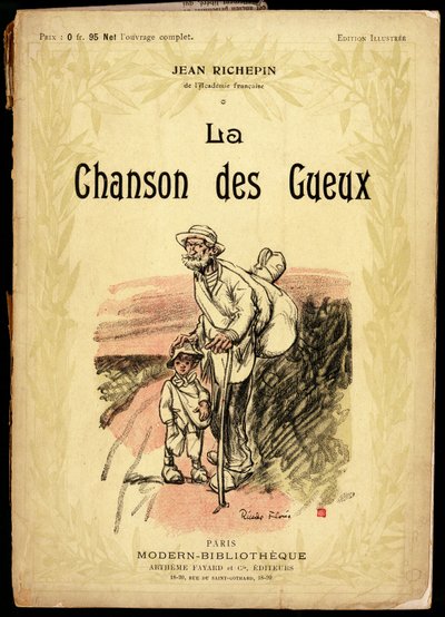 Old man and little boy, wearing travel knots and shoes swaddled in rags, on a road (illustration by Ricardo Flores for the cover of the collection of texts and poems entitled 