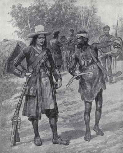 William Dampier with an indigenous man during his exploration of Australia, late 17th century by Richard Caton II (after) Woodville