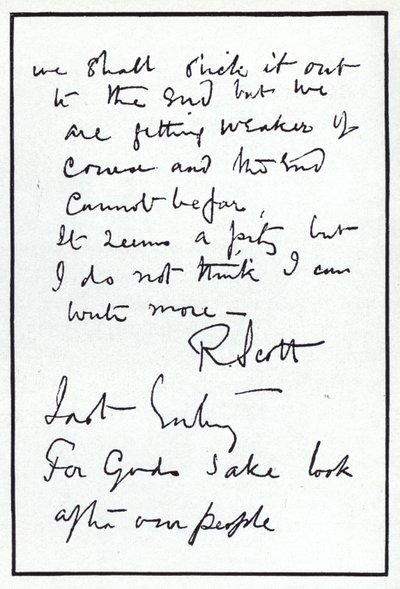 Last page of the diary of polar explorer Robert Falcon Scott, leader of the ill-fated British expedition to the South Pole, 29 March 1912 by Robert Falcon Scott