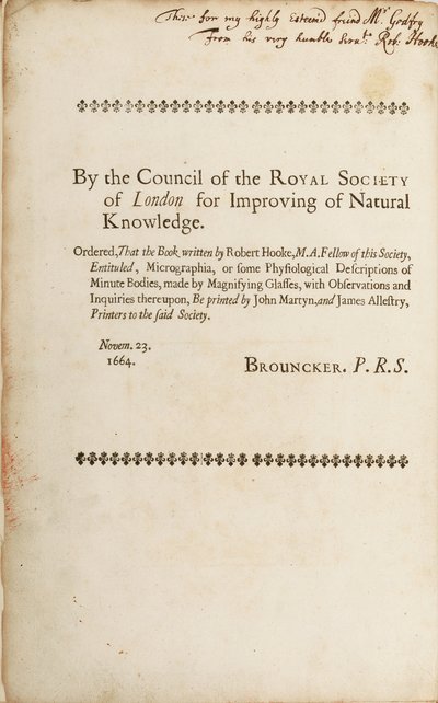 Signed page from "Micrographia: or Some Physiological Descriptions of Minute Bodies Made by Magnifying Glasses" by Robert Hooke