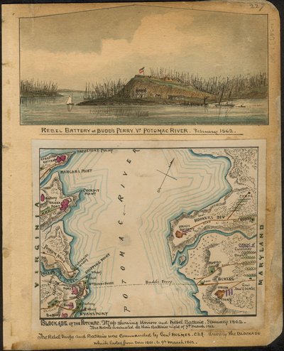 Blockade of the Potomac. Map Showing Union and Rebel Batteries January 1862. The Rebels Evacuated All Their Batteries Night of 4th March 1862. by Robert Knox Sneden