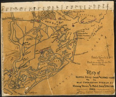 Map of Morris, Folly, Coles and James Islands and Charleston Harbor S.C. showing Union and Rebel Forts and Batteries, 1864 by Robert Knox Sneden