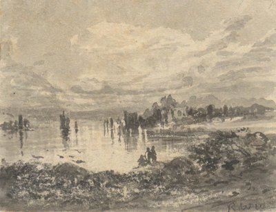 View of Lake and Mountains with Figures by Robert Walter Weir