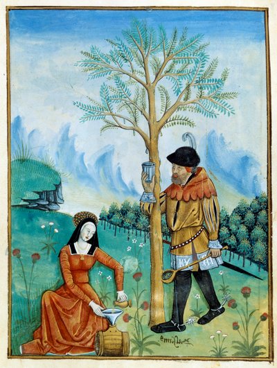 The Balm Recolation. A man collates the resin, or seve, flowing from a tree (Flora: balsamier), used for medicine, while a woman puts it in a barrel. Miniature in 