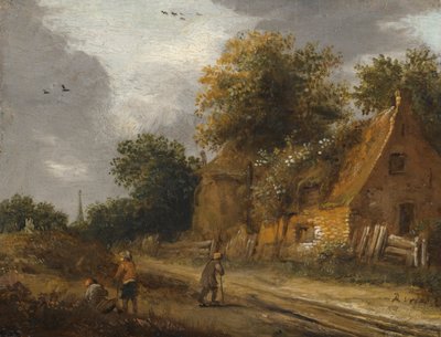 Three Figures Passing Along a Road Before a Cottage by Roelof Jansz van Vries