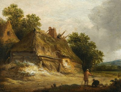 Two figures passing along the road before a cottage by Roelof Jansz van Vries